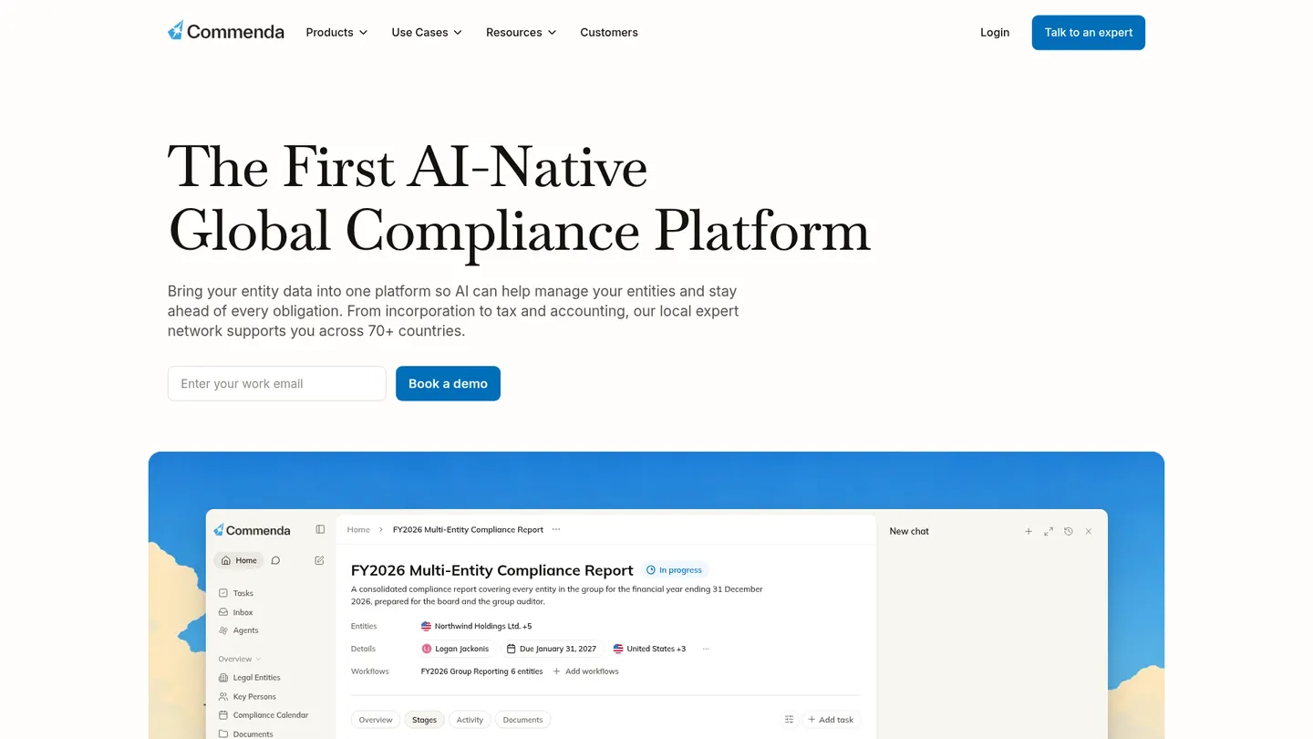 Commenda website homepage
