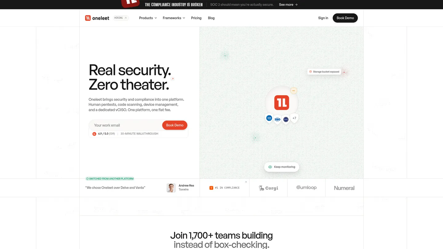 Oneleet website homepage