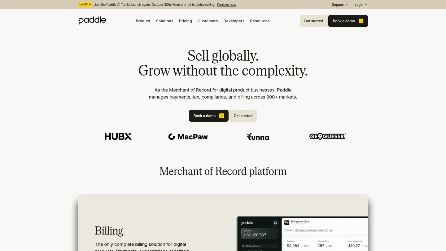 Paddle website homepage