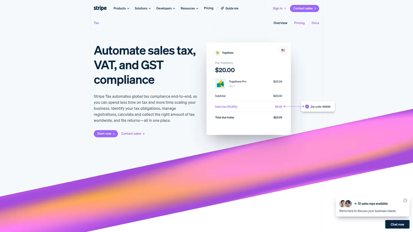 Stripe Tax website homepage