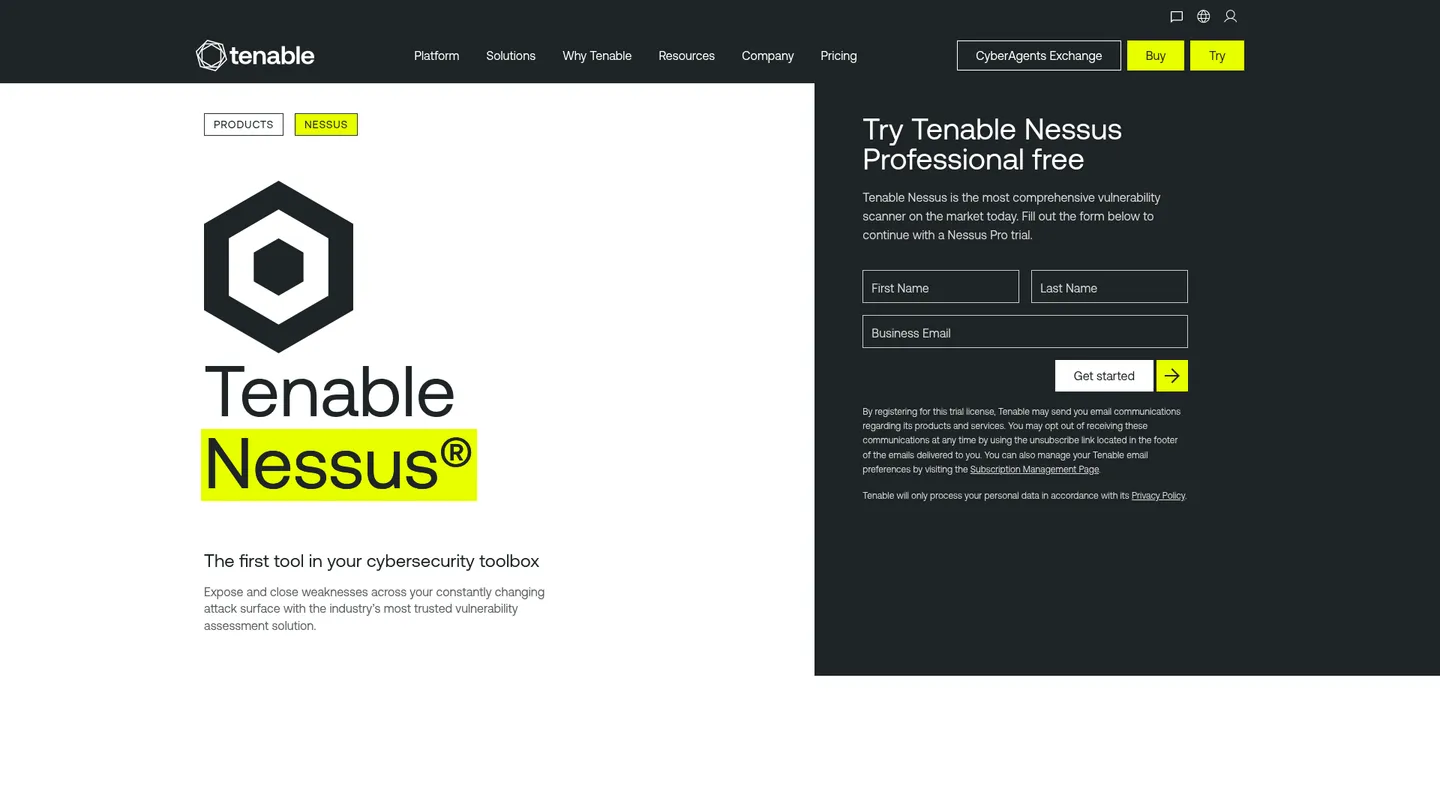 Tenable Nessus website homepage